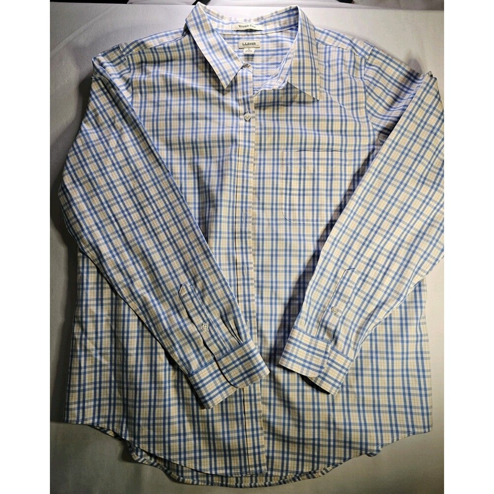 L.L.Bean Men's Wrinkle Resistant Plaid Dress Shirt L Blue Yellow 100% Cotton